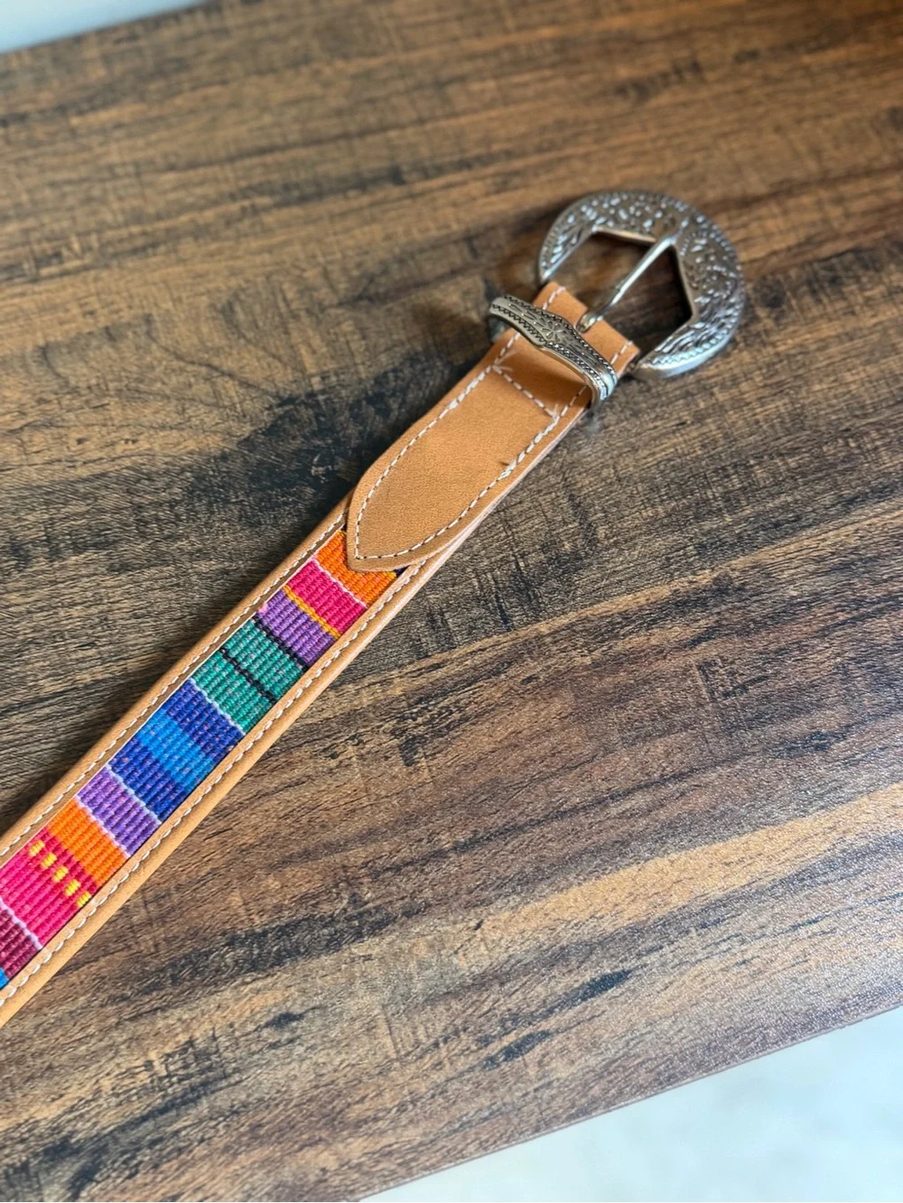 Omega Guatamelan Colorful Cotton & Genuine Leather Belt Concho Buckle Size M